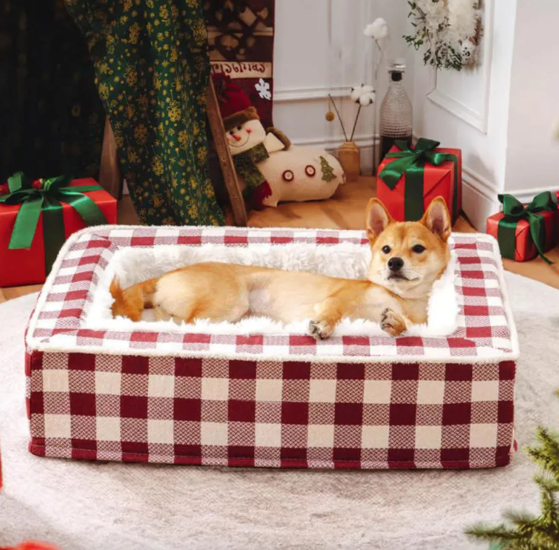 Premium Dog Bed - Plaid Design Washable Pet Cushion